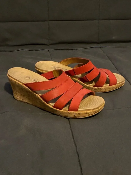 CROCS Red Multi-Strap Slip-On Wedge Sandals - Picture 3 of 4